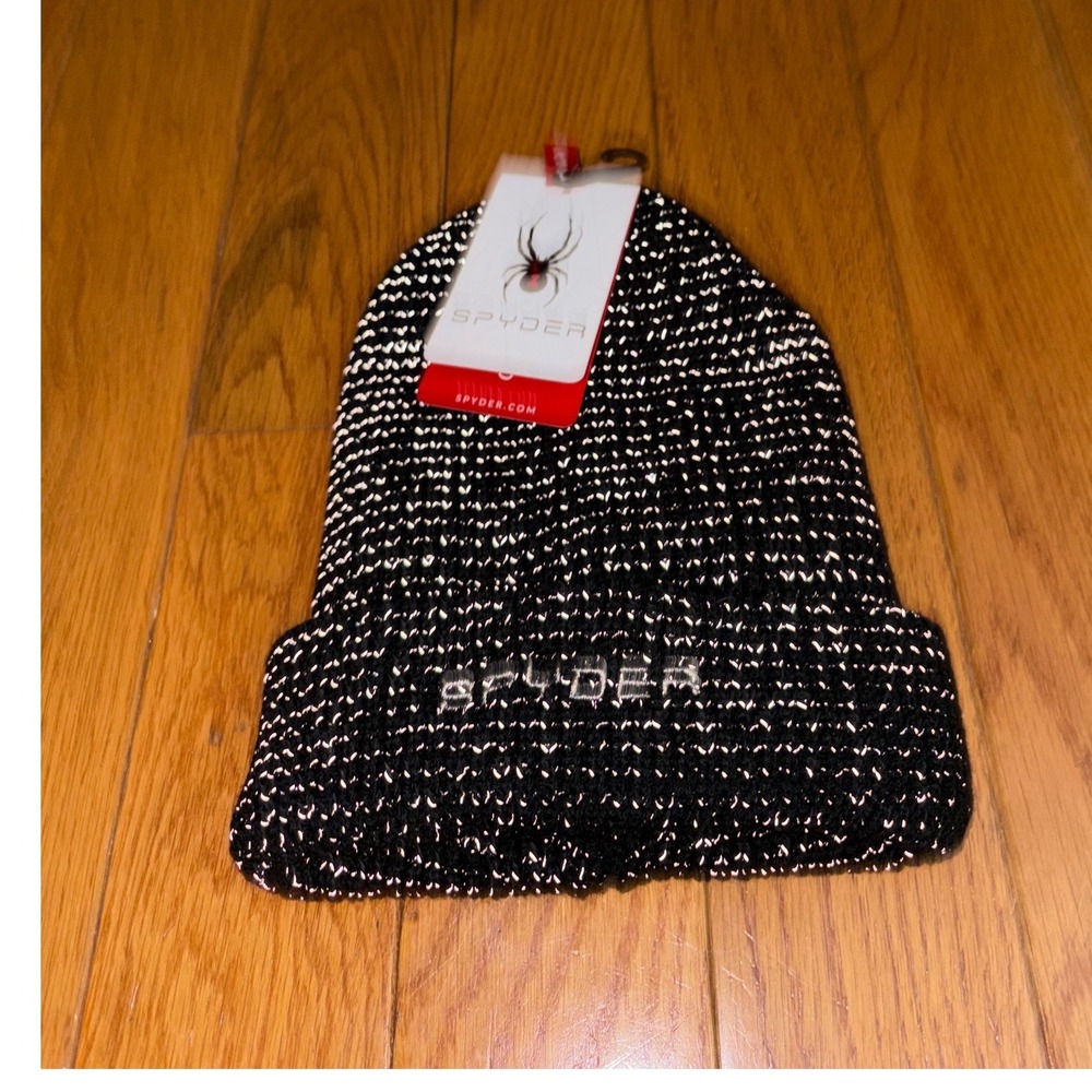 Spyder Big Girls Black Reflective Chunky Cuff Beanie Fleece Lined Hat L/XL 10-16